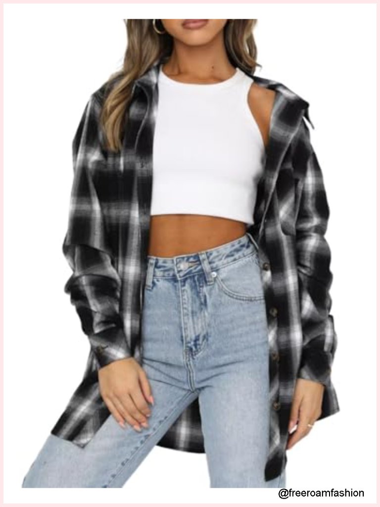 Buffalo Plaid Flannel Button Down Shirt Long Sleeve Blouse Tunic